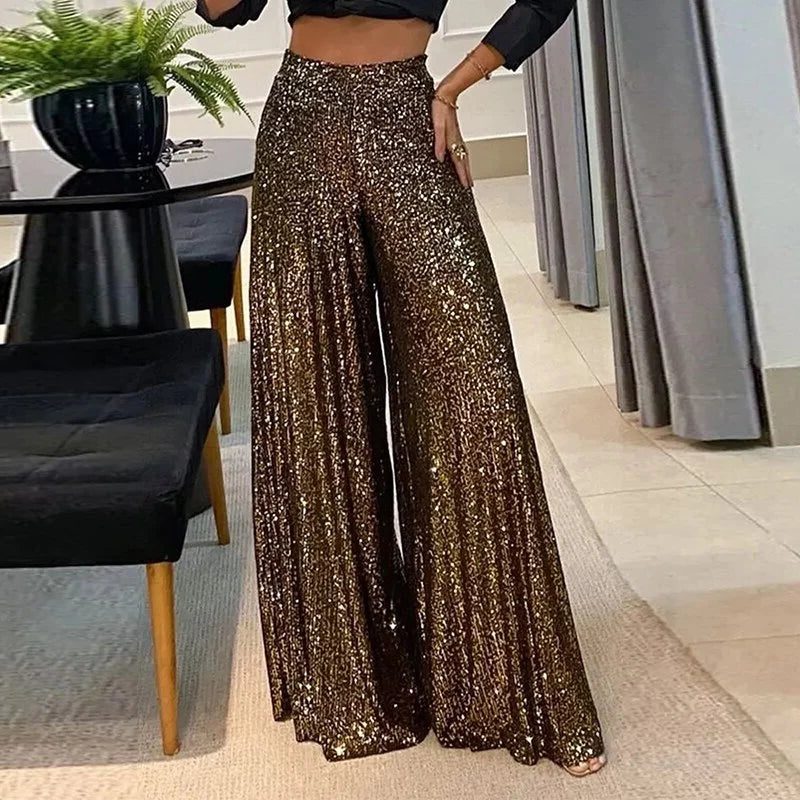 Sequin Wide Leg Trousers with High Waist for Women in Dark Brown