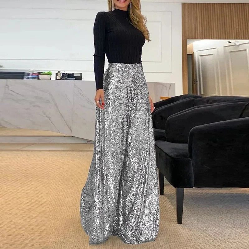 Sequin Wide Leg Trousers with High Waist for Women in Silver