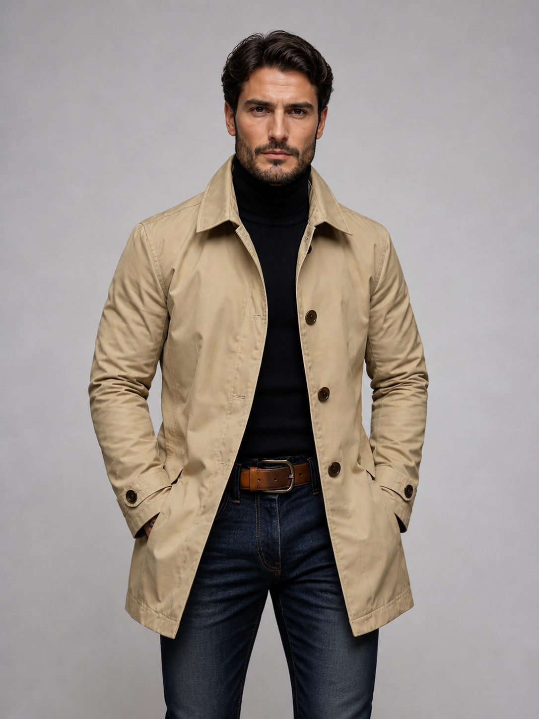 Single-Breasted Trench Coat with Spread Collar for Men in Beige