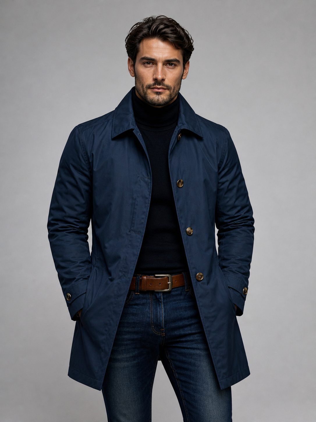 Single-Breasted Trench Coat with Spread Collar for Men in Navy