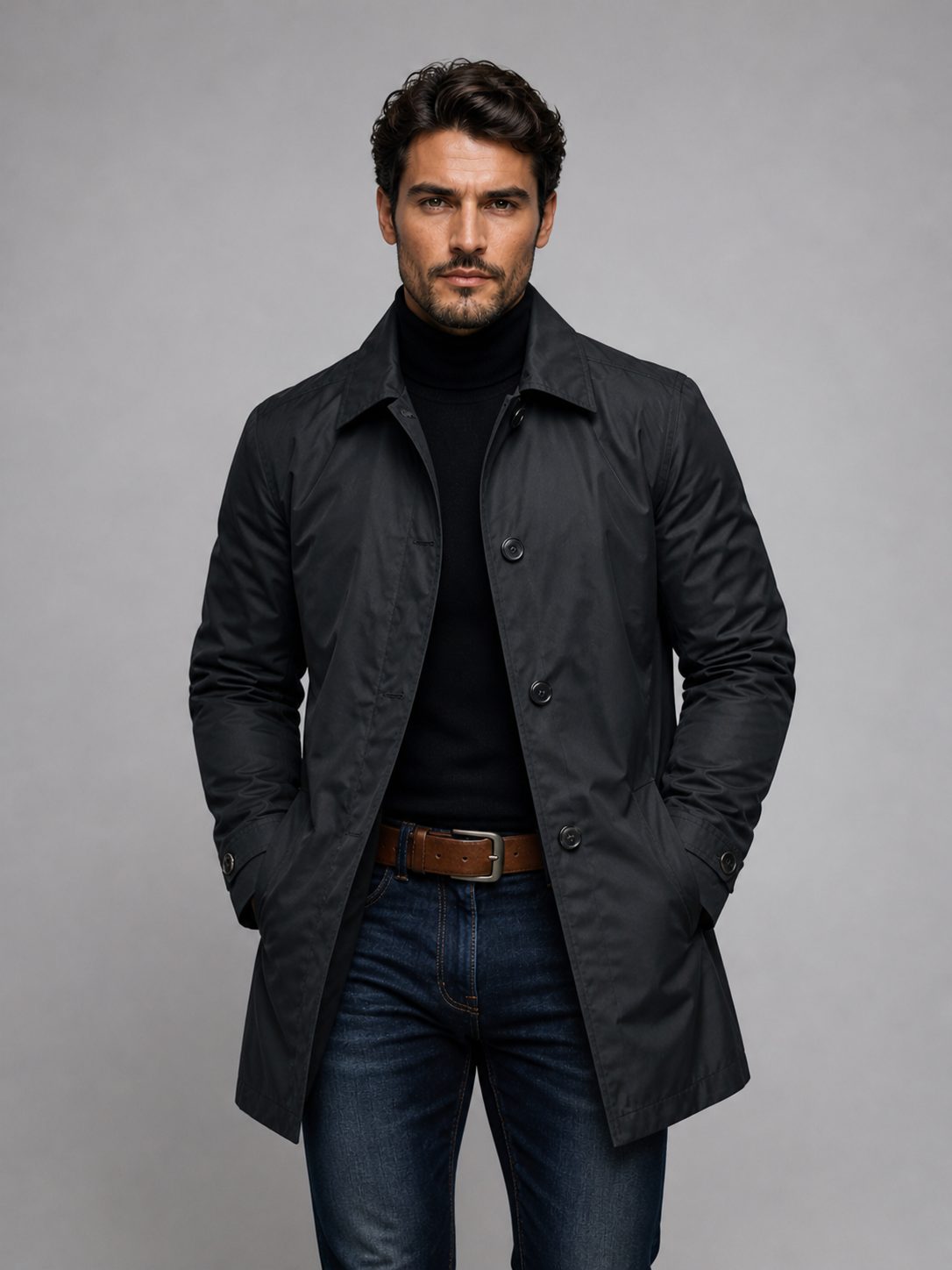 Single-Breasted Trench Coat with Spread Collar for Men in Black