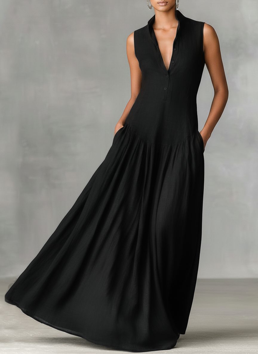 Sleeveless Maxi Dress with Button-Front for Women in Black