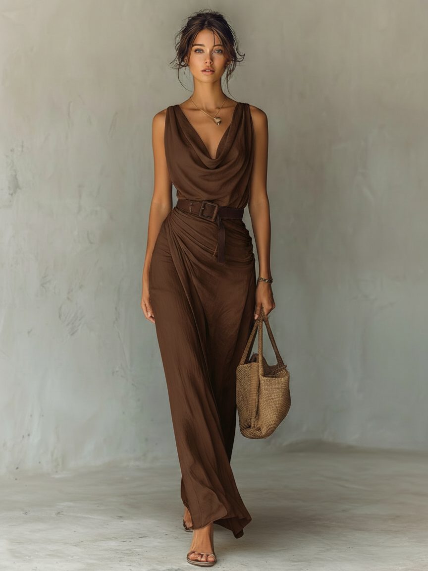 Sleeveless Maxi Dress with Cowl Neck and Belt for Women