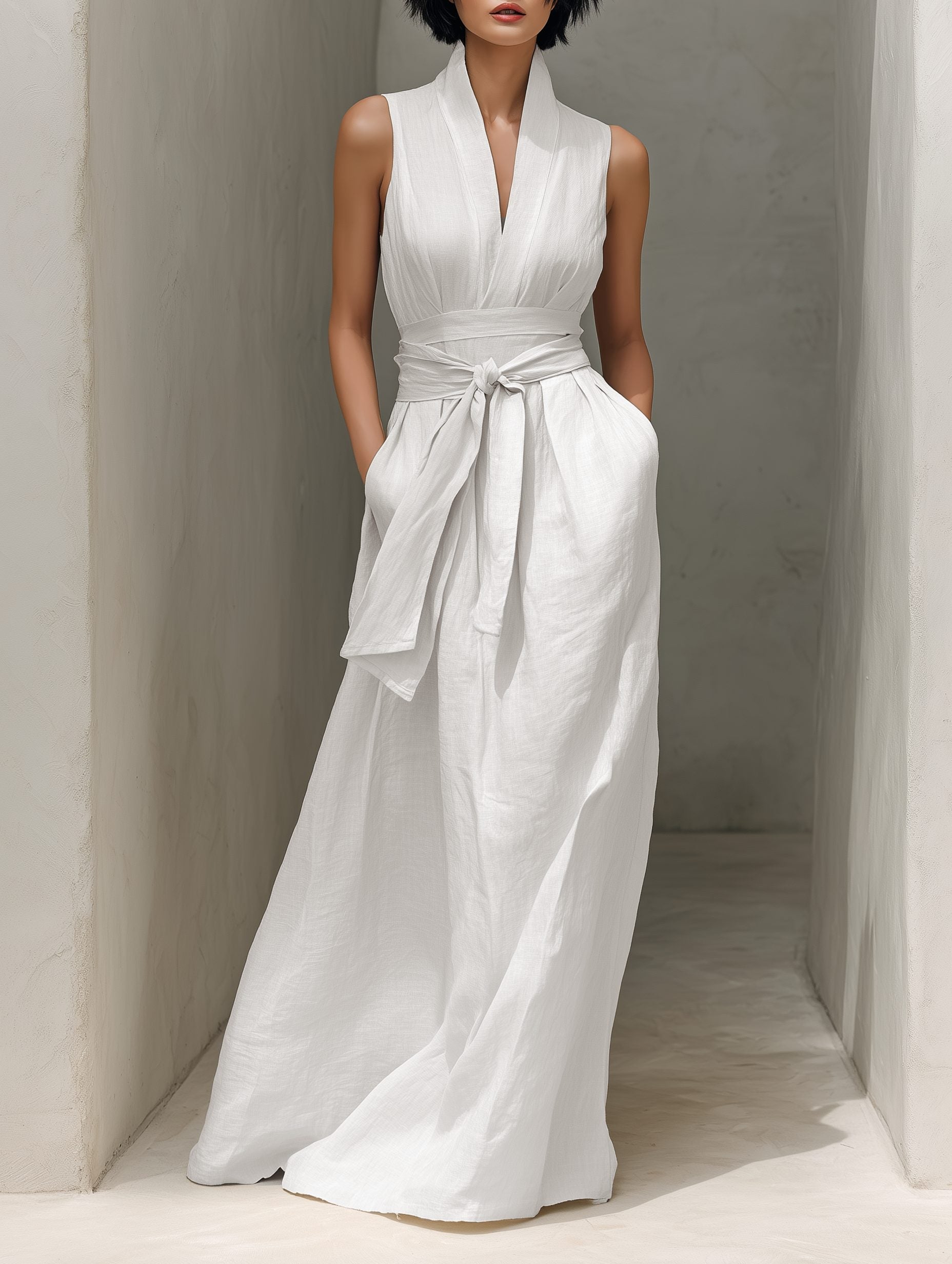 Sleeveless Maxi Dress with V-Neck and Belt for Women in White