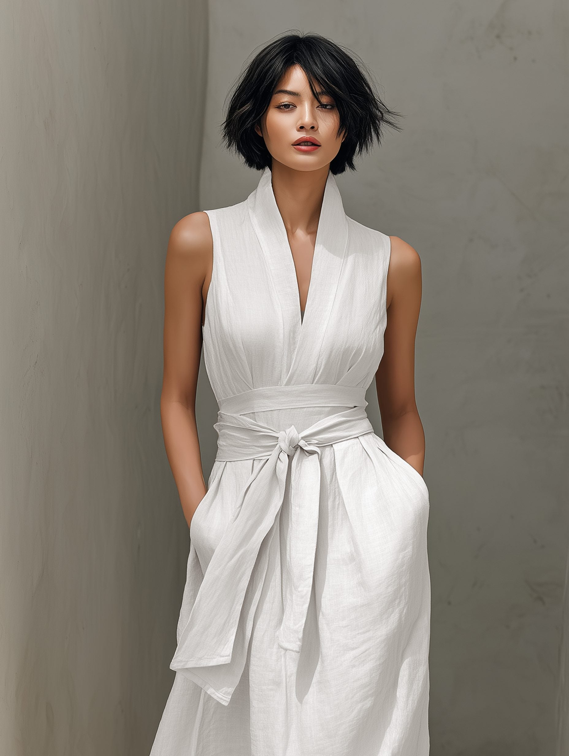 Sleeveless Maxi Dress with V-Neck and Belt for Women