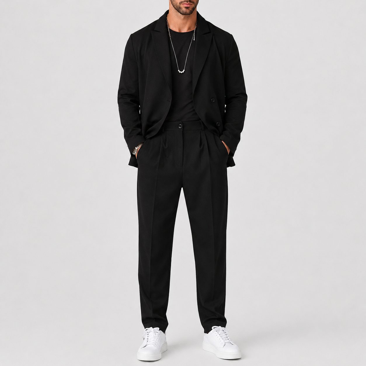 Slim Fit Blazer and Trouser Two-Piece Set for Men in Black