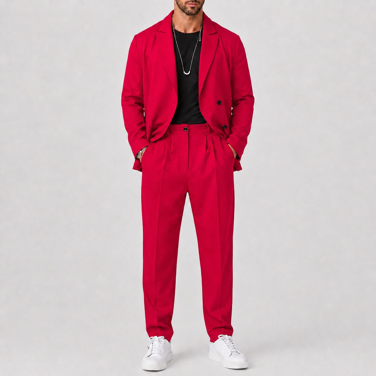 Slim Fit Blazer and Trouser Two-Piece Set for Men in Red