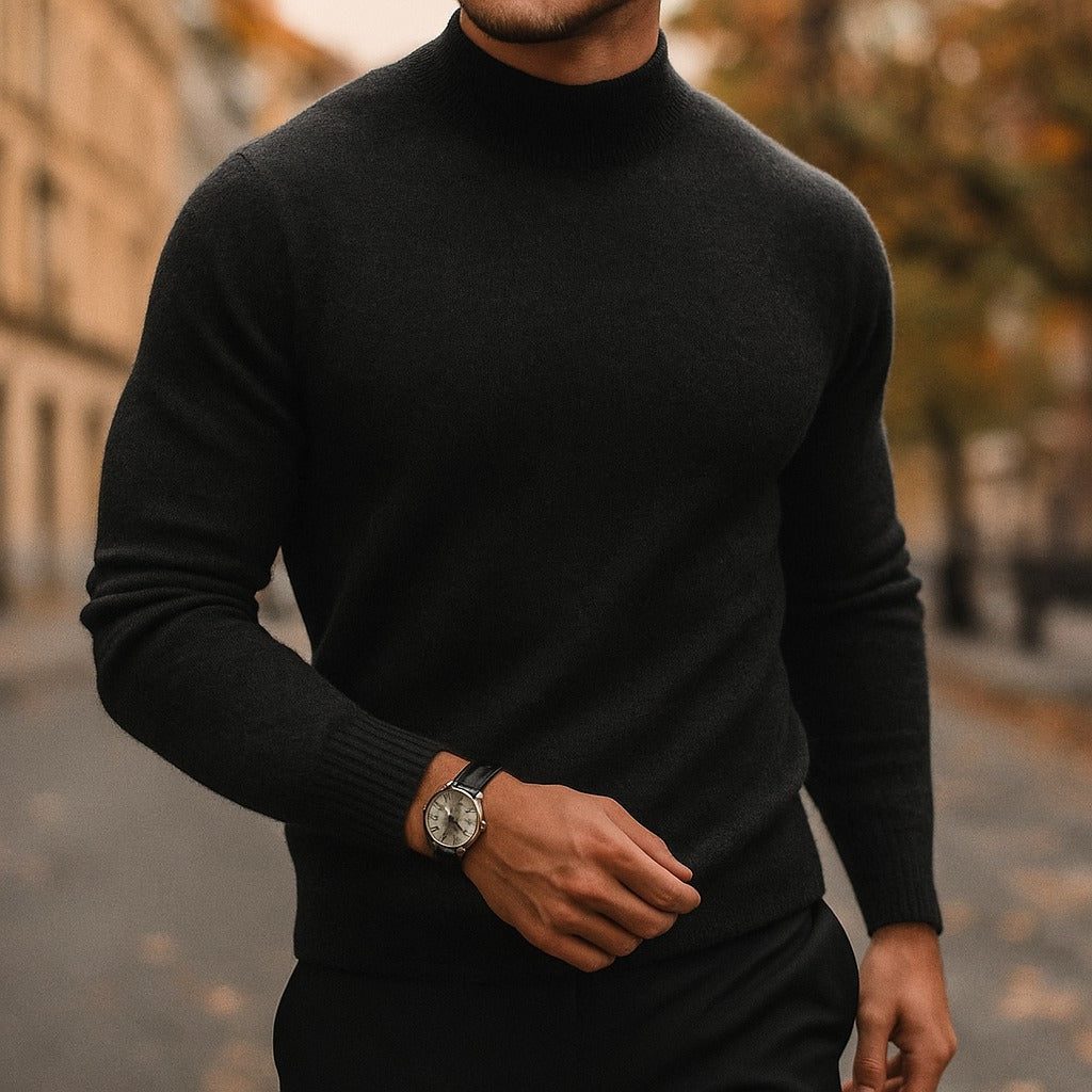 Slim Fit Ribbed Knit Jumper with Roll Neck for Men in Black