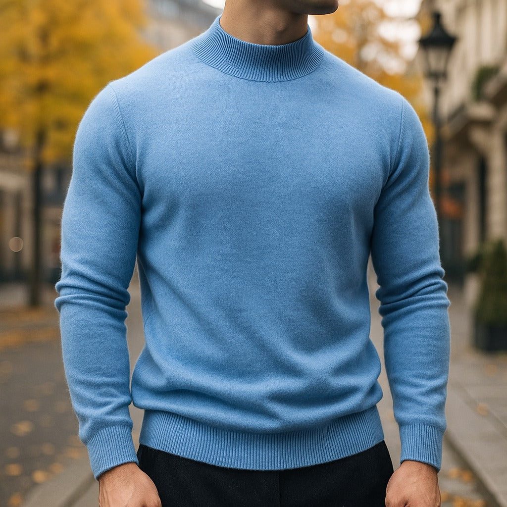 Slim Fit Ribbed Knit Jumper with Roll Neck for Men in Sky Blue