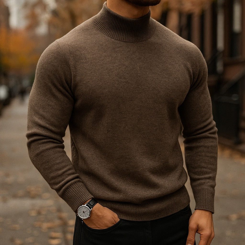 Slim Fit Ribbed Knit Jumper with Roll Neck for Men in Brown