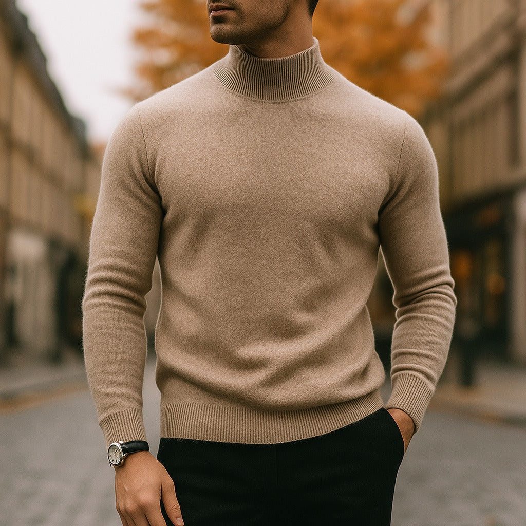 Slim Fit Ribbed Knit Jumper with Roll Neck for Men in Camel