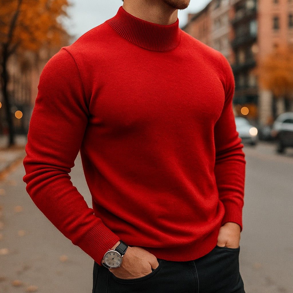 Slim Fit Ribbed Knit Jumper with Roll Neck for Men in Red