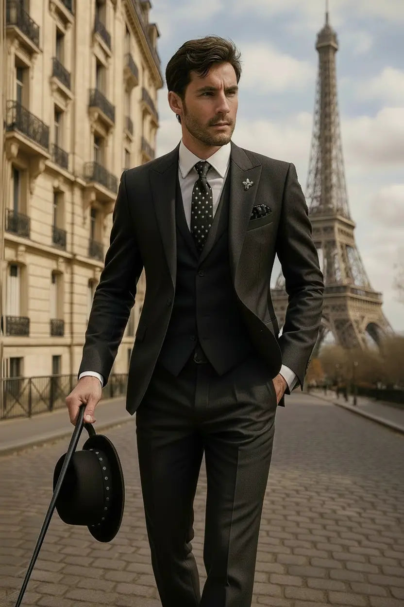 Slim Fit Three-Piece Suit with Waistcoat for Men in Black