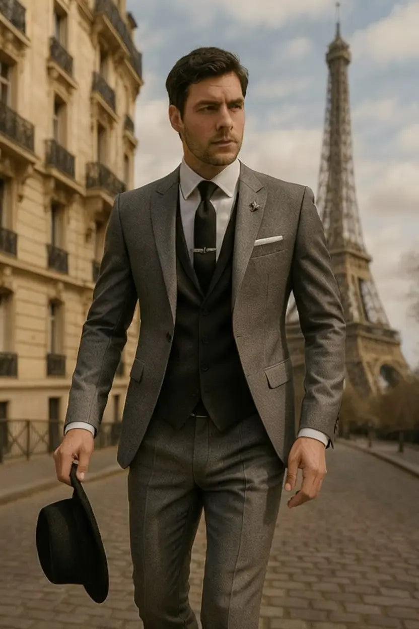 Slim Fit Three-Piece Suit with Waistcoat for Men in Grey