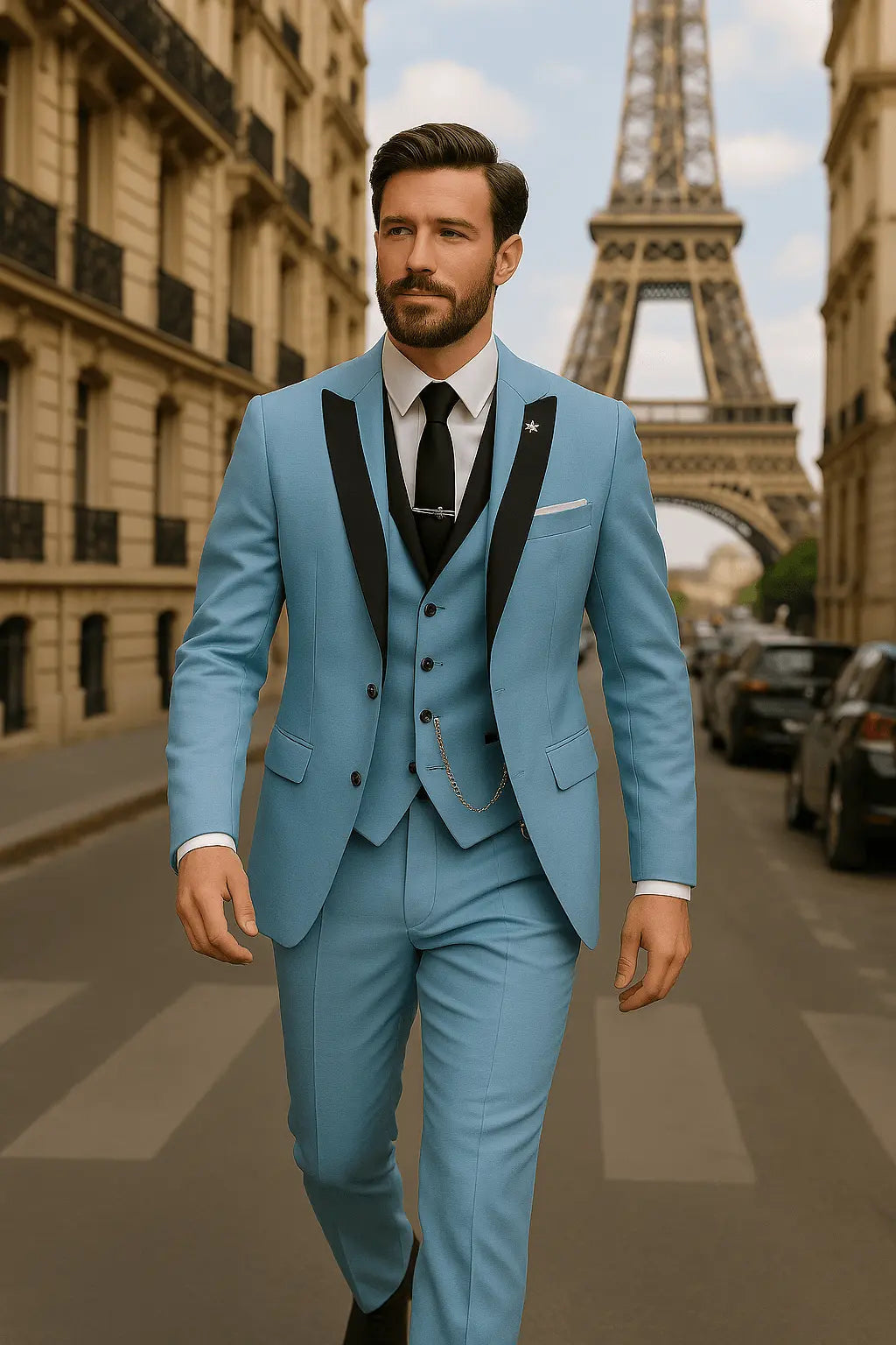 Slim Fit Three-Piece Suit with Waistcoat for Men in Light Blue