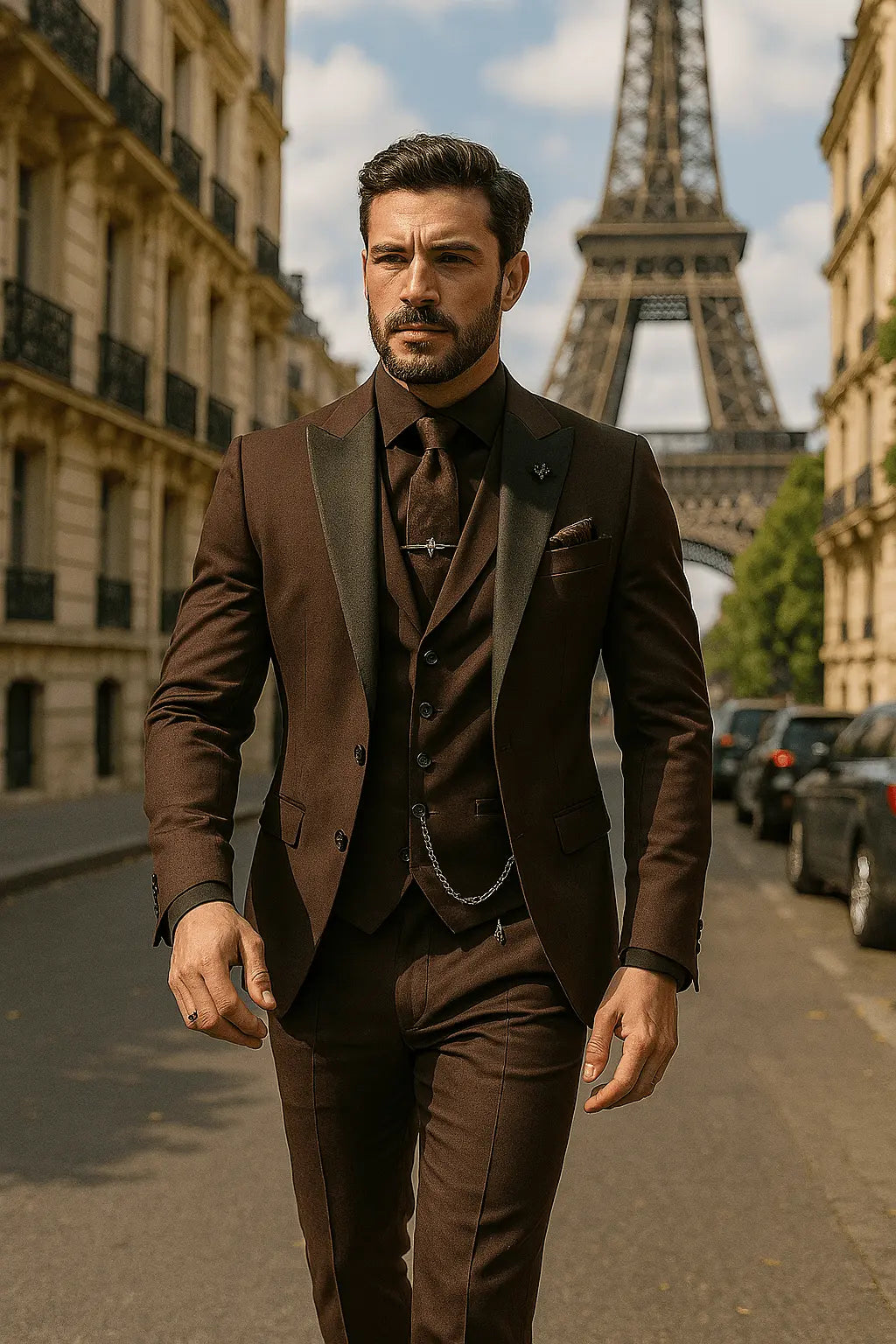 Slim Fit Three-Piece Suit with Waistcoat for Men in Coffee
