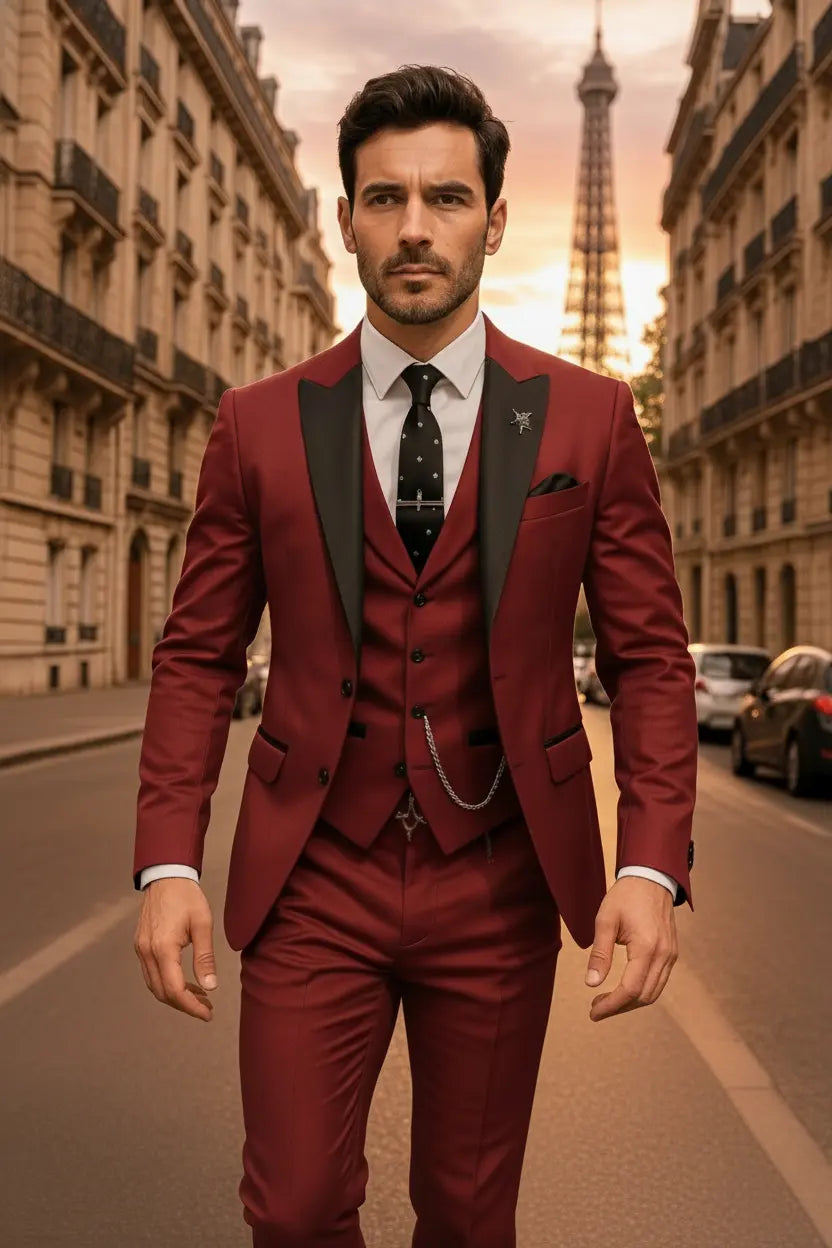 Slim Fit Three-Piece Suit with Waistcoat for Men in Maroon
