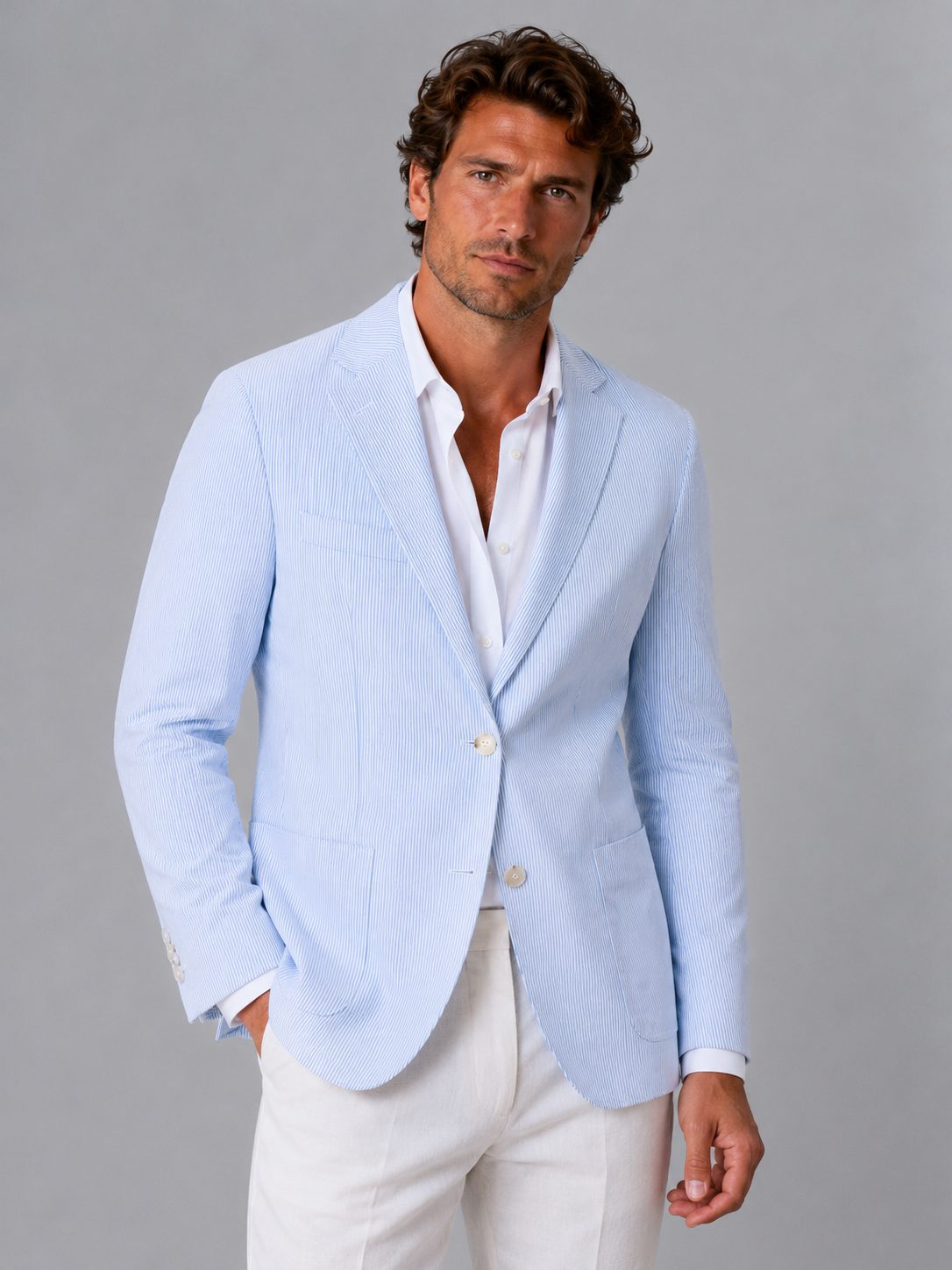 Striped Seersucker Single-Breasted Blazer for Men in Light Blue