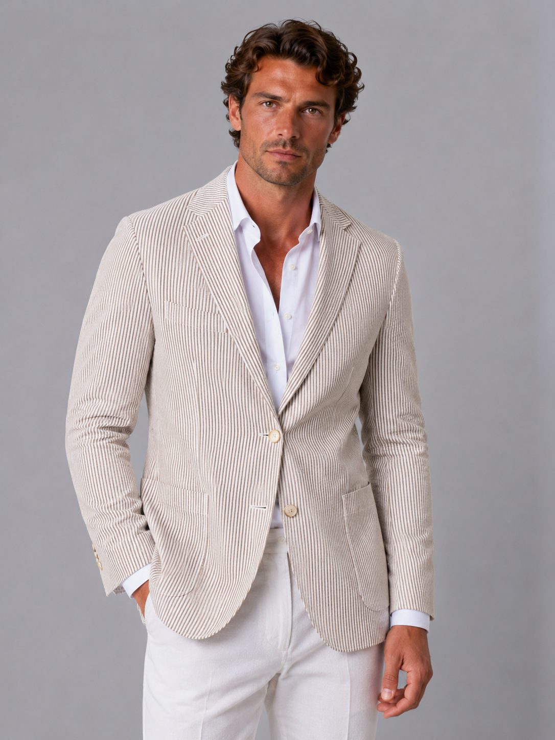 Striped Seersucker Single-Breasted Blazer for Men in Khaki