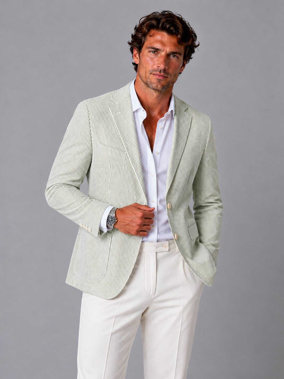 Striped Seersucker Single-Breasted Blazer for Men in Green