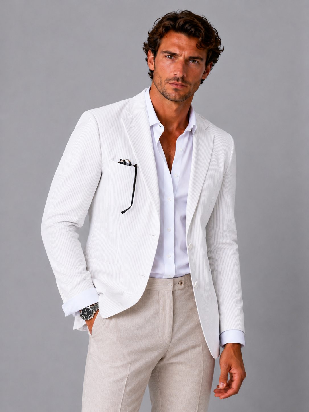 Striped Seersucker Single-Breasted Blazer for Men in White