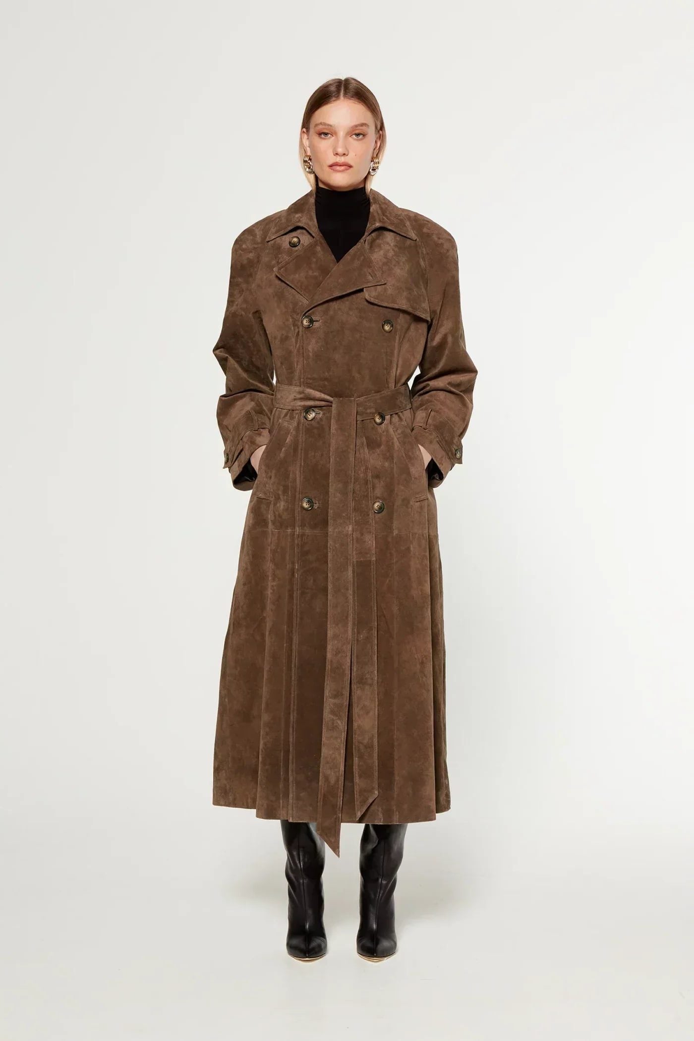 Suede-Look Double-Breasted Trench Coat with Belt for Women in Brown