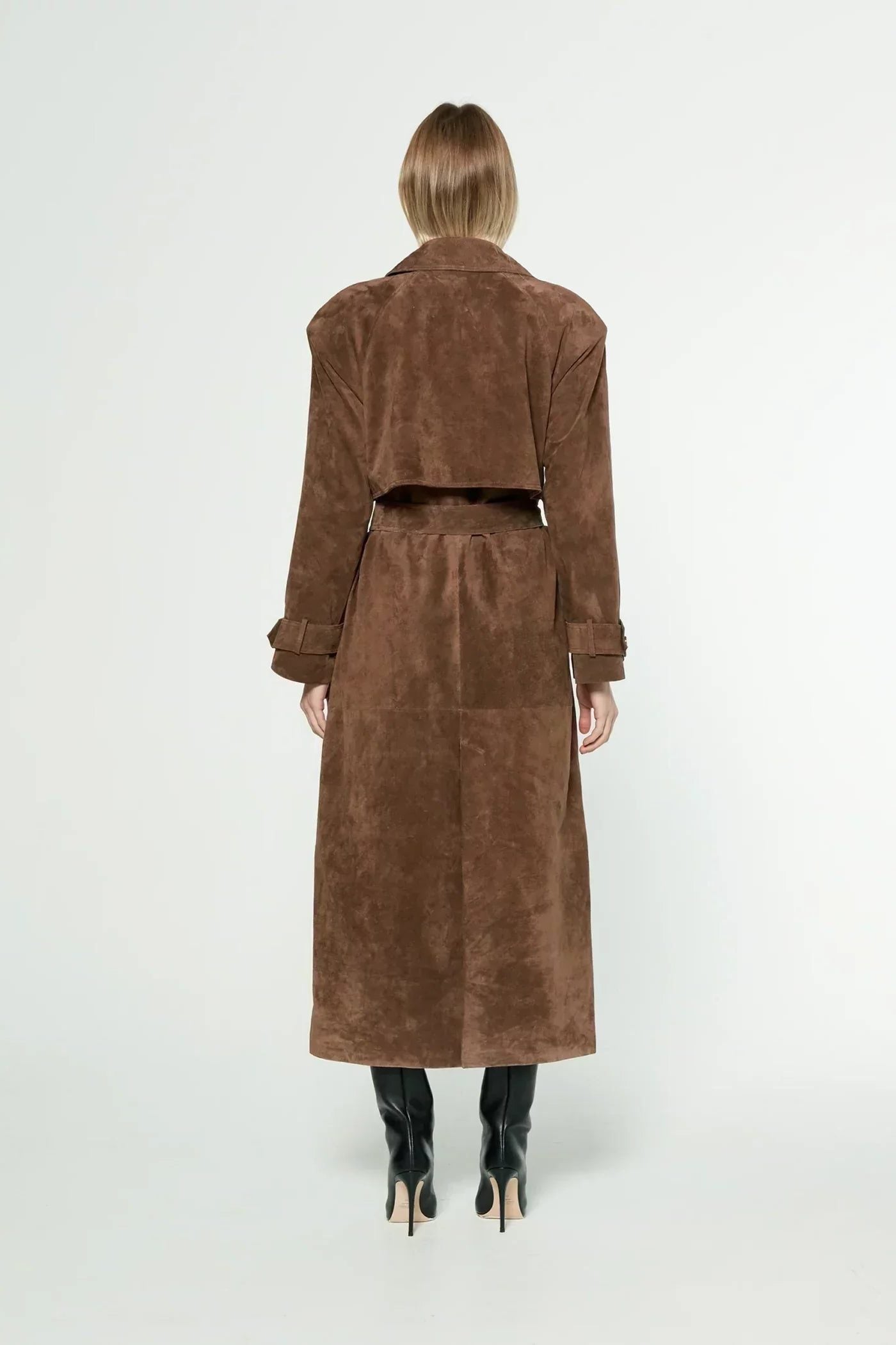 Suede-Look Double-Breasted Trench Coat with Belt for Women