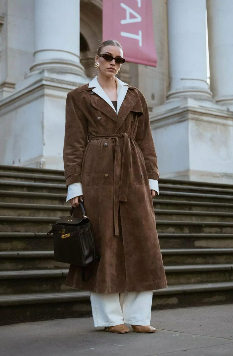 Suede-Look Double-Breasted Trench Coat with Belt for Women