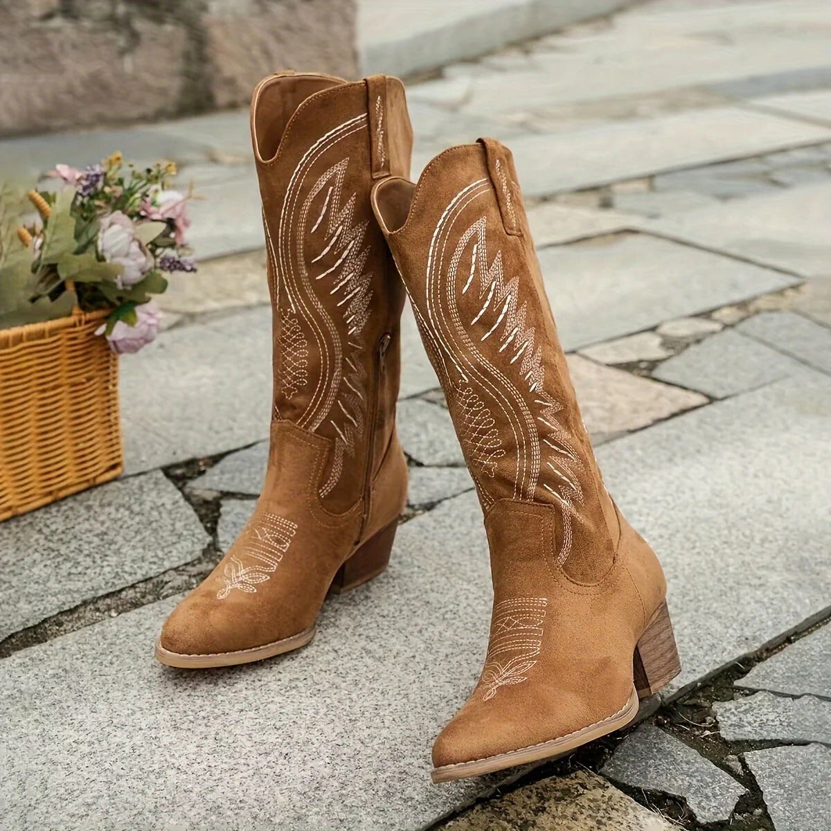 Suede-Look Embroidered Block Heel Western Boots for Women