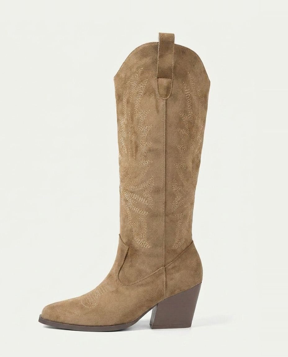 Suede-Look Embroidered Western Block Heel Knee High Boots for Women in Camel