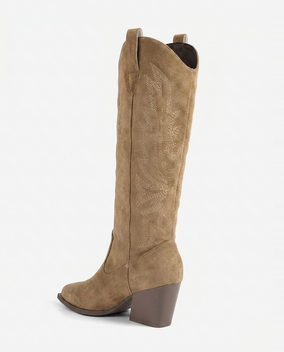 Suede-Look Embroidered Western Block Heel Knee High Boots for Women