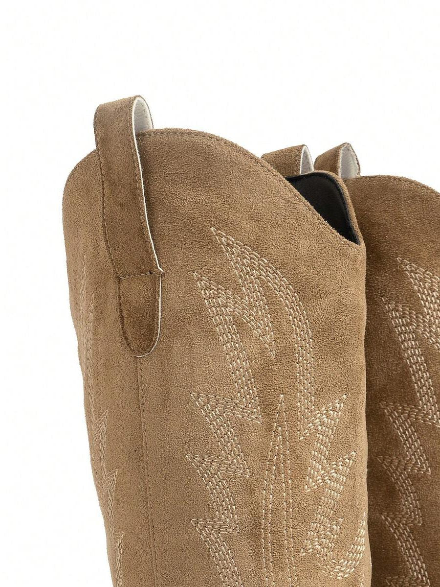 Suede-Look Embroidered Western Block Heel Knee High Boots for Women