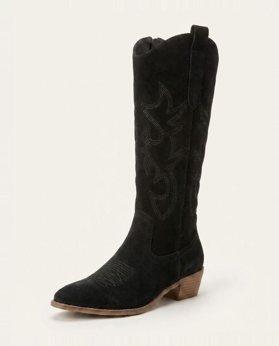 Suede-Look Embroidered Western Block Heel Knee High Boots for Women