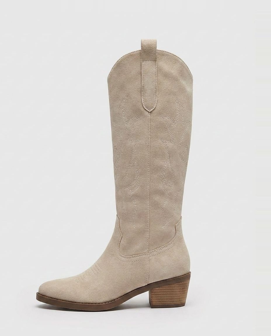 Suede-Look Embroidered Western Block Heel Knee High Boots for Women in Off-white