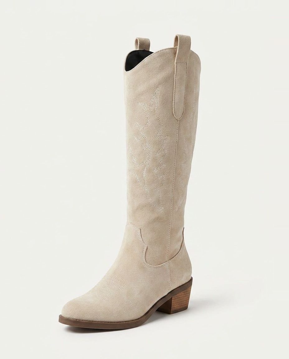 Suede-Look Embroidered Western Block Heel Knee High Boots for Women