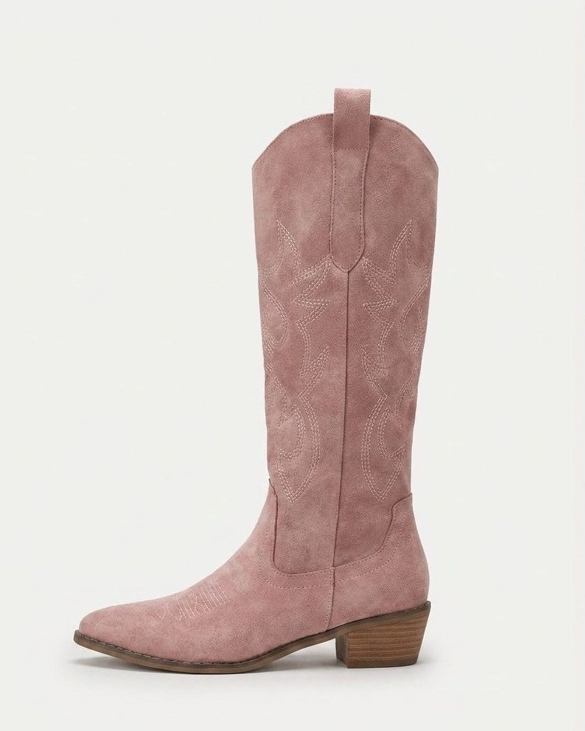 Suede-Look Embroidered Western Block Heel Knee High Boots for Women in Pink