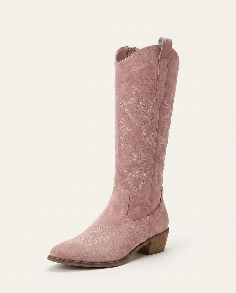 Suede-Look Embroidered Western Block Heel Knee High Boots for Women