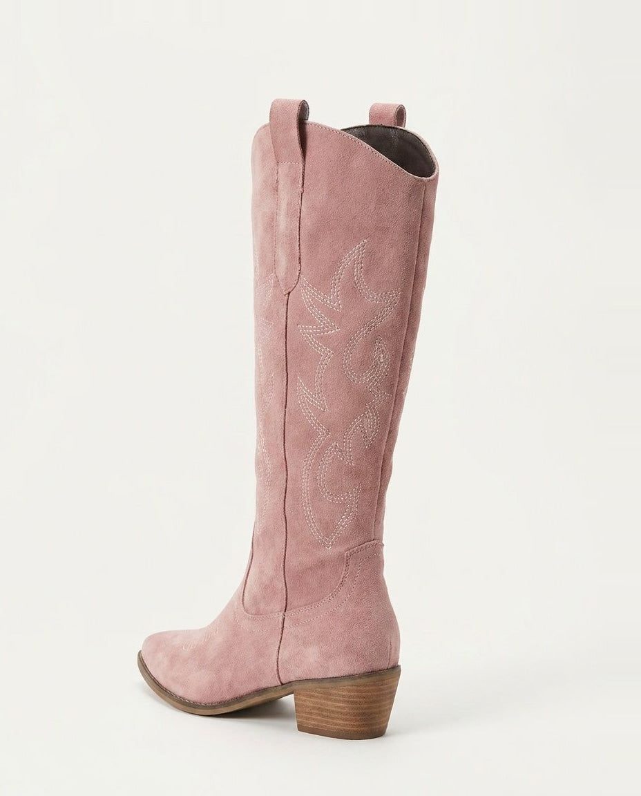 Suede-Look Embroidered Western Block Heel Knee High Boots for Women