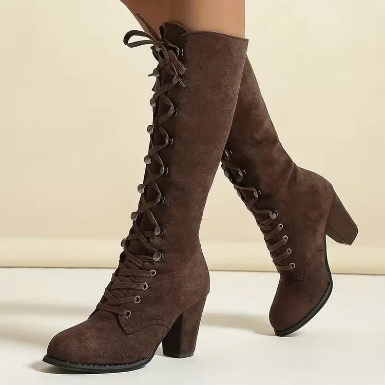 Suede-Look Knee-High Block Heel Boots with Lace-Up Front for Women in Brown