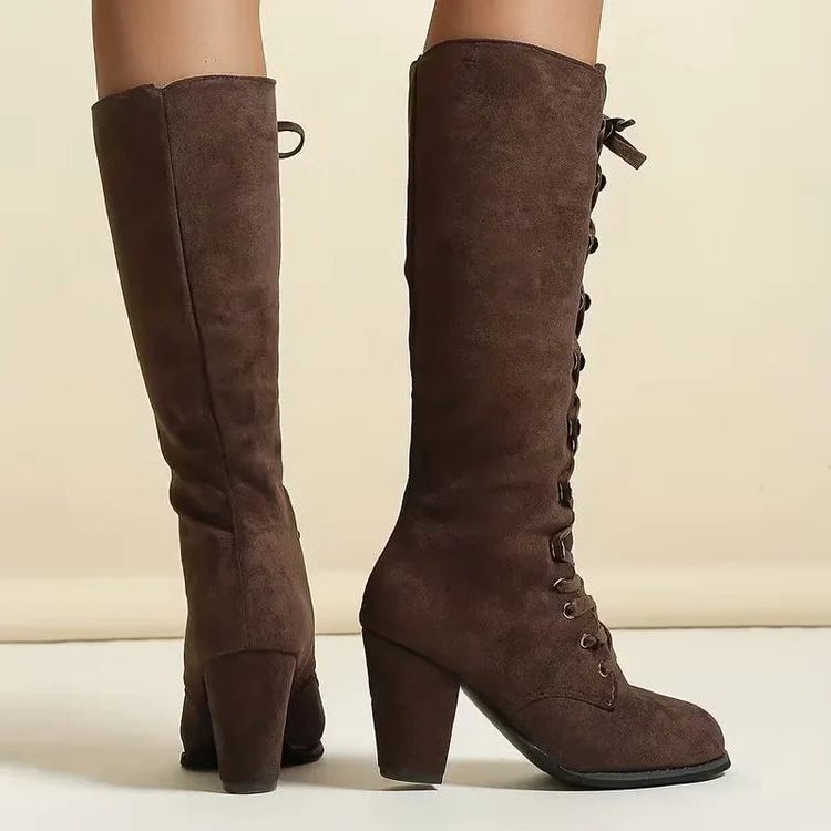 Suede-Look Knee-High Block Heel Boots with Lace-Up Front for Women
