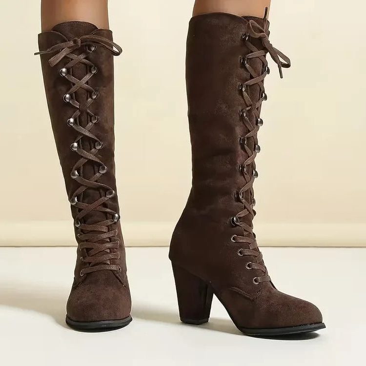 Suede-Look Knee-High Block Heel Boots with Lace-Up Front for Women