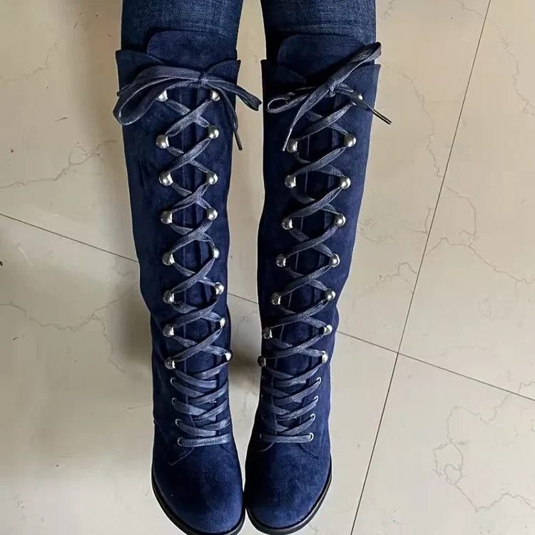 Suede-Look Knee-High Block Heel Boots with Lace-Up Front for Women