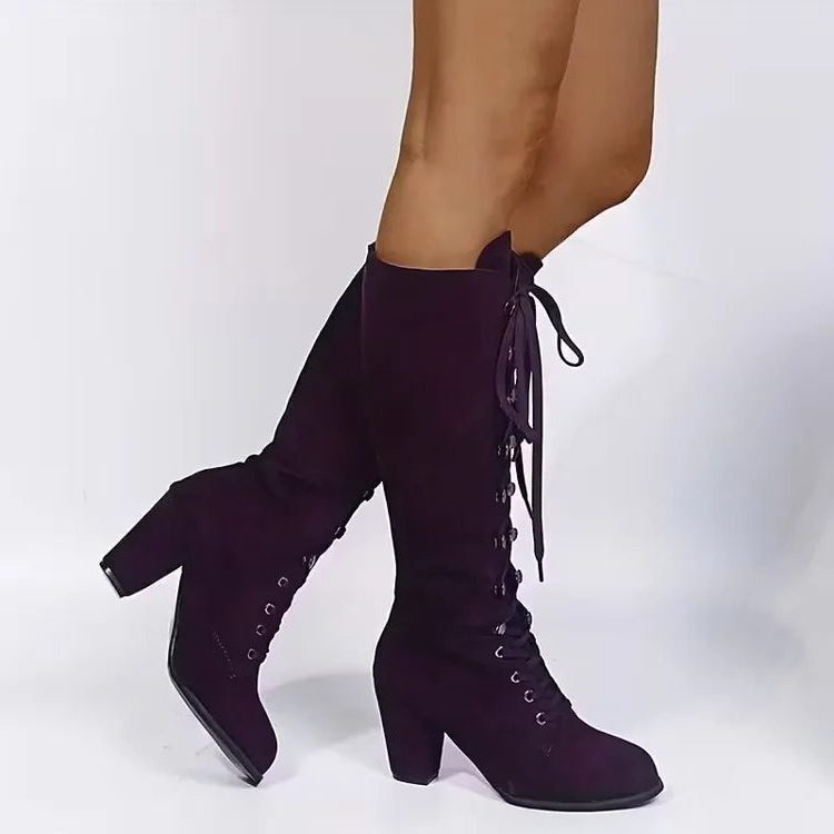 Suede-Look Knee-High Block Heel Boots with Lace-Up Front for Women