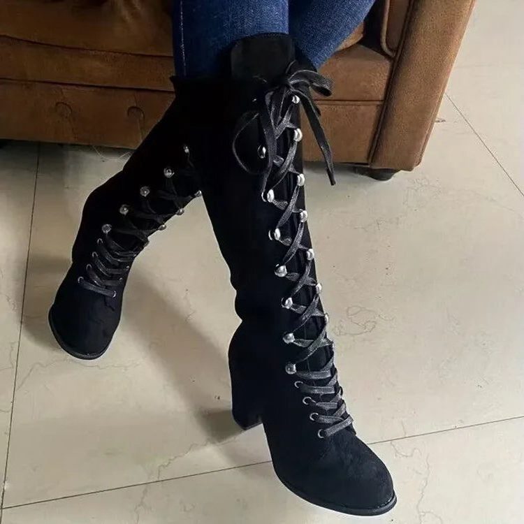 Suede-Look Knee-High Block Heel Boots with Lace-Up Front for Women in Black