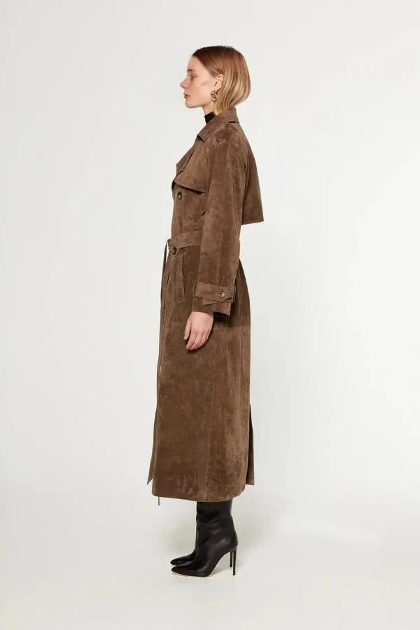 Suede-Look Longline Trench Coat with Belt for Women