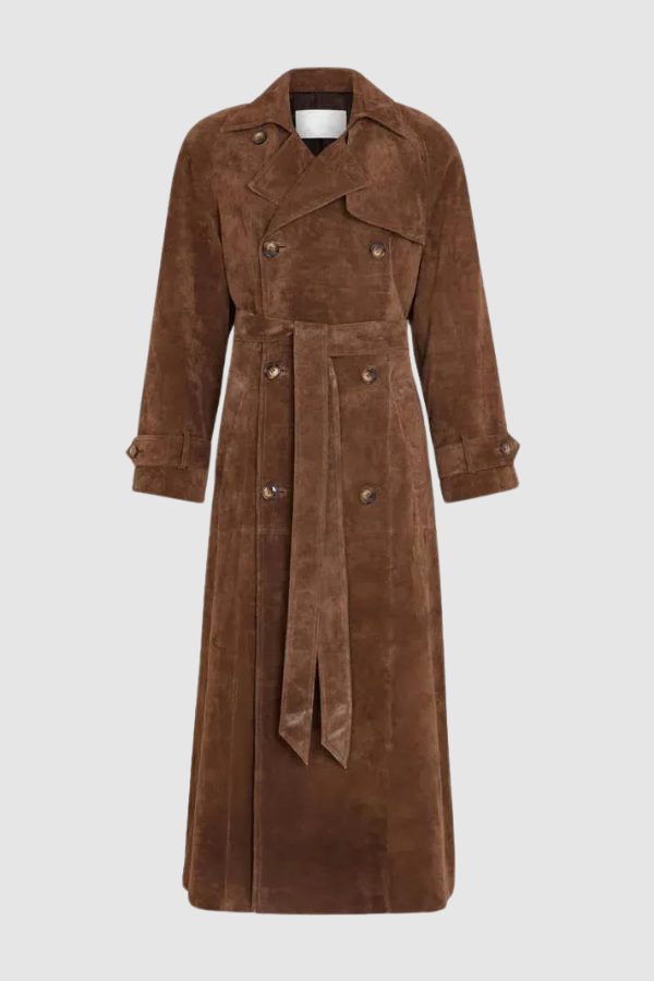 Suede-Look Longline Trench Coat with Belt for Women