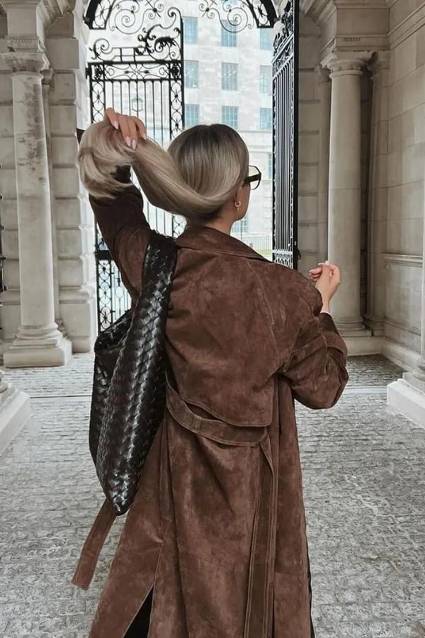 Suede-Look Longline Trench Coat with Belt for Women