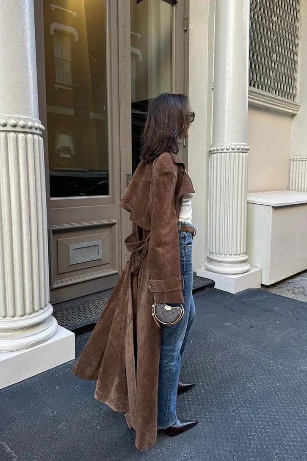 Suede-Look Longline Trench Coat with Belt for Women