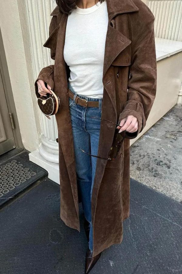 Suede-Look Longline Trench Coat with Belt for Women