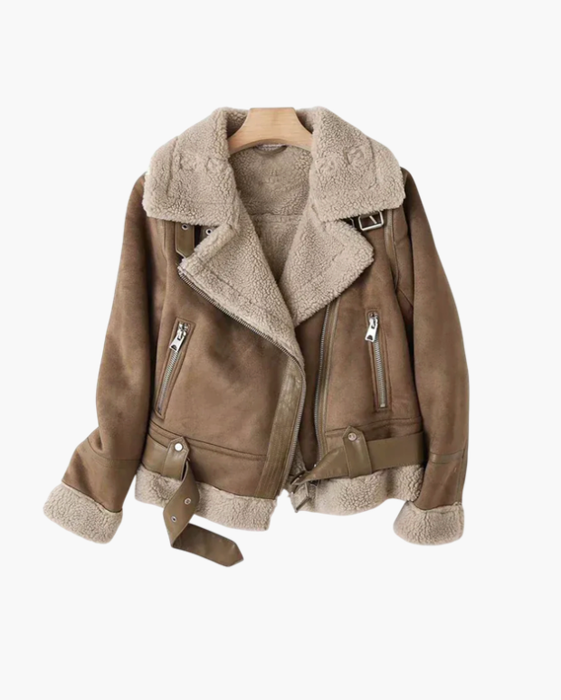 Suede-Look Sherpa Lined Aviator Jacket for Women